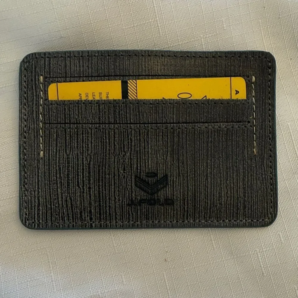 J. FOLD LEATHER CARD CARRIER.  GREY WITH BLUE TRIM.  NEW.
